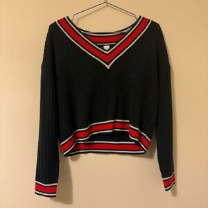 ⭐️2 for $15⭐️ H&M Navy Cropped V-Neck Sweater with Red and White Stripe Trim
